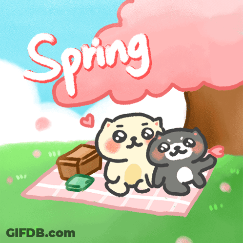 A Cartoon Drawing Of Two Cats On A Picnic Blanket Under A Cherry Blossom Tree GIF