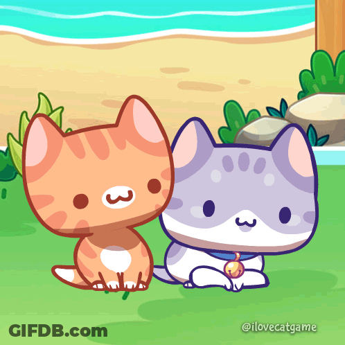 A Cartoon Drawing Of Two Cats Sitting Next To Each Other With The Words I Love Cat Game Below Them GIF