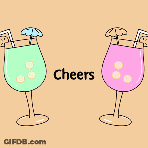 A Cartoon Drawing Of Two Drinks With The Word Cheers Written On The Bottom GIF