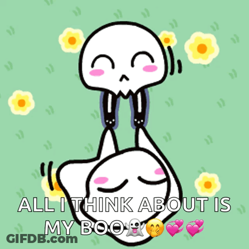 A Cartoon Drawing Of Two Ghosts Kissing With The Words All I Think About Is My Boo GIF