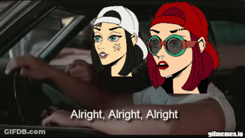 A Cartoon Drawing Of Two Girls In A Car With The Words Alright Alright Alright GIF