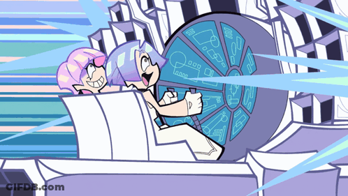A Cartoon Drawing Of Two Girls Riding A Roller Coaster With A Wheel That Says " 000 " On It GIF