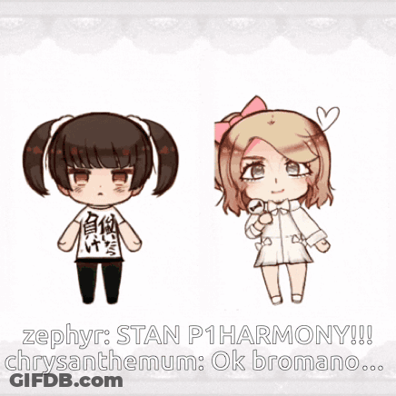 A Cartoon Drawing Of Two Girls With The Words Zephyr Stan P1harmony Chrysanthemum Ok Bromano GIF