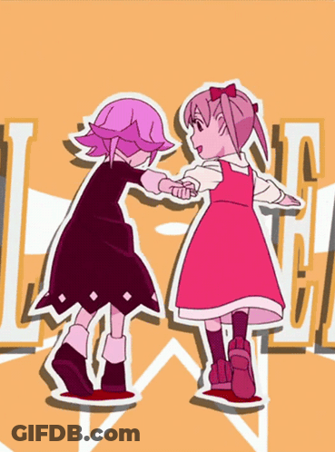 A Cartoon Drawing Of Two Little Girls Holding Hands With The Letter L In The Background GIF