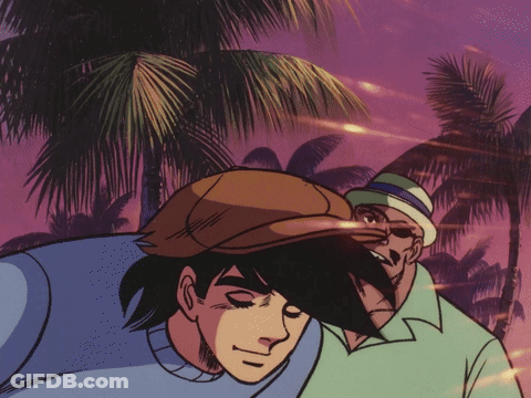 A Cartoon Drawing Of Two Men In Front Of Palm Trees GIF