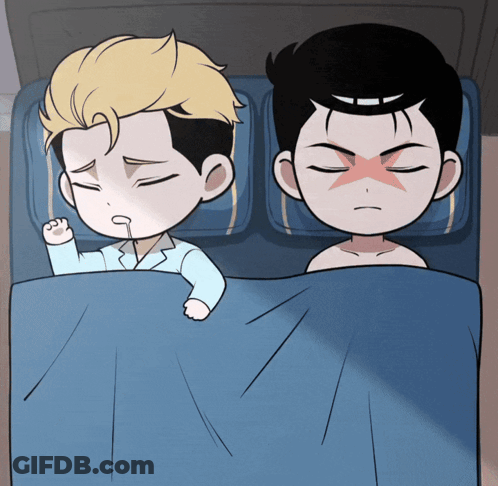 A Cartoon Drawing Of Two Men Laying In Bed GIF