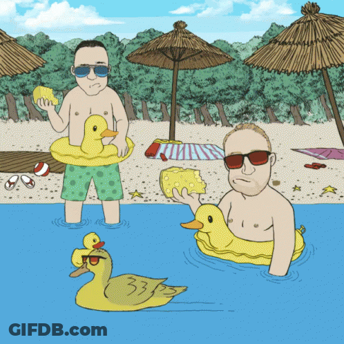 A Cartoon Drawing Of Two Men On A Beach With A Rubber Duck With The Number 335 On It GIF