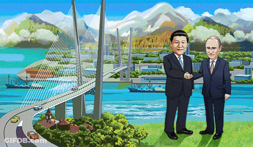 A Cartoon Drawing Of Two Men Shaking Hands With A Bridge In The Background GIF