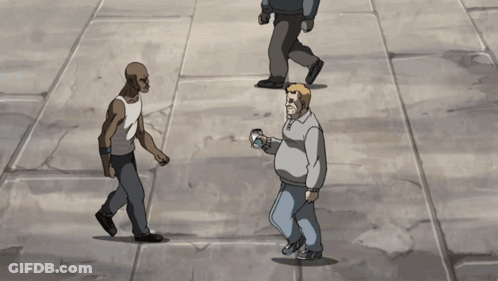 A Cartoon Drawing Of Two Men Standing Next To Each Other With One Holding A Cup GIF