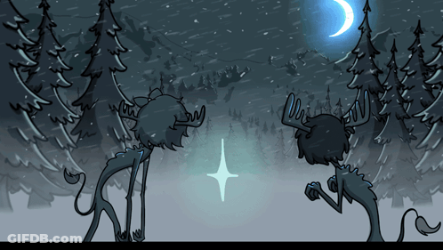 A Cartoon Drawing Of Two Moose Standing In The Snow GIF