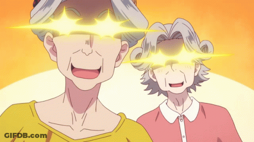 A Cartoon Drawing Of Two Older Women With Glowing Eyes GIF