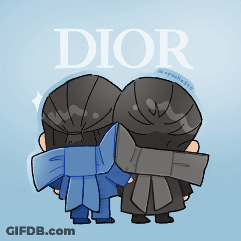 A Cartoon Drawing Of Two People Standing Next To Each Other With The Word Dior Behind Them GIF