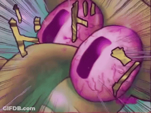 A Cartoon Drawing Of Two Pink Balls With Holes In Them And A Purple Background . GIF