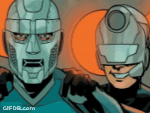 A Cartoon Drawing Of Two Robots Wearing Helmets And Smiling . GIF