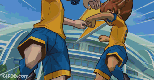 A Cartoon Drawing Of Two Soccer Players In Yellow And Blue Uniforms GIF