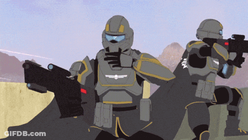 A Cartoon Drawing Of Two Soldiers Holding Guns With The Letters Fox On Their Sleeves GIF