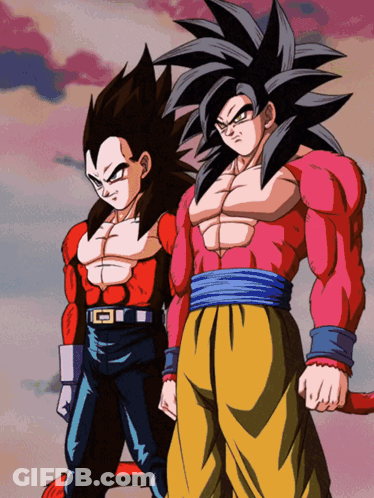 A Cartoon Drawing Of Vegeta And Goku Standing Next To Each Other With A Red Background GIF