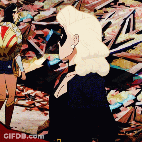 A Cartoon Drawing Of Wonder Woman And Black Canary Standing Next To Each Other GIF