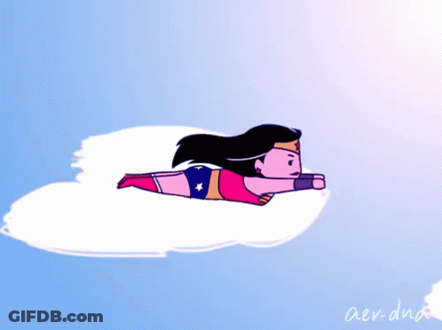A Cartoon Drawing Of Wonder Woman Flying Through The Air GIF