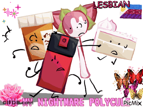 A Cartoon Drawing With The Words Lesbian Oh My Nightmare Polycul Picmix On The Bottom GIF