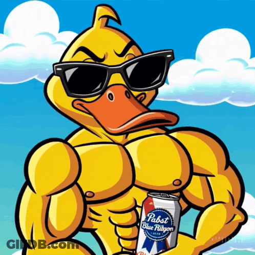A Cartoon Duck Holding A Can Of Pabst Blue Ribbon GIF