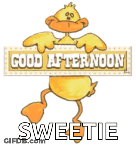 A Cartoon Duck Holding A Sign That Says " Good Afternoon Sweetie " GIF