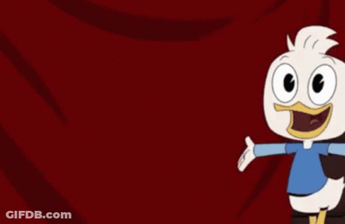 A Cartoon Duck In A Blue Shirt Is Standing In Front Of A Red Curtain . GIF
