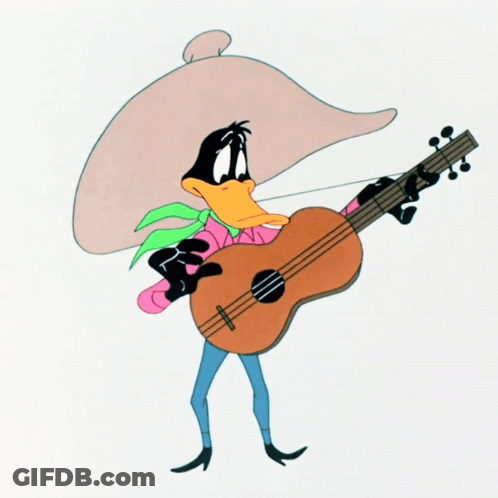 A Cartoon Duck Is Holding A Guitar And A Sword GIF