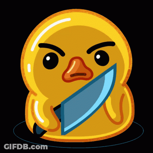 A Cartoon Duck Is Holding A Knife In Its Beak GIF