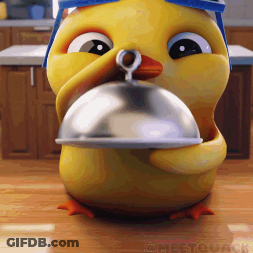 A Cartoon Duck Is Holding A Silver Platter In Its Beak And Says Meet Duck On The Bottom GIF