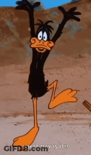 A Cartoon Duck Is Jumping In The Air With His Arms Outstretched And The Words What Day Is It . GIF