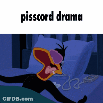 A Cartoon Duck Is Laying In Bed With His Mouth Open And The Words Pisscord Drama Written Above Him GIF
