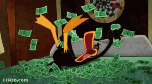 A Cartoon Duck Is Laying On A Bed With A Pile Of Money . GIF