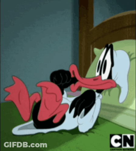 A Cartoon Duck Is Laying On A Bed With Cn Written On The Bottom GIF