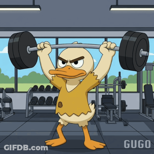 A Cartoon Duck Is Lifting A Barbell In A Gym With The Word Gugu On The Bottom GIF