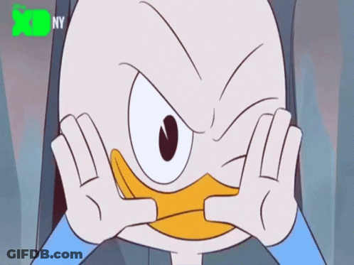 A Cartoon Duck Is Making A Face With His Hands . GIF
