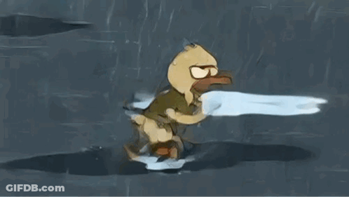 A Cartoon Duck Is Running In The Rain In A Puddle Of Water . GIF