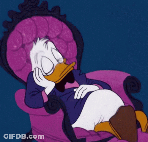 A Cartoon Duck Is Sitting In A Purple Chair GIF