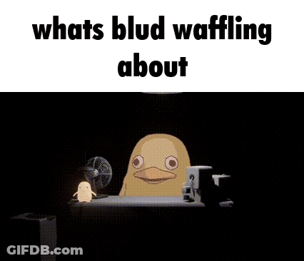 A Cartoon Duck Is Sitting In Front Of A Computer With The Words `` Whats Blud Waffling About '' Written Above It . GIF