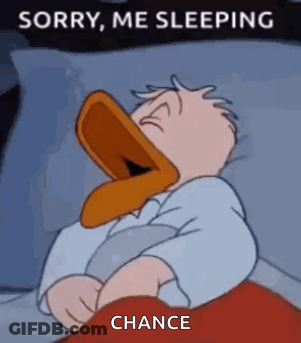 A Cartoon Duck Is Sleeping In A Bed With The Words `` Sorry , Me Sleeping Chance '' Written On It . GIF