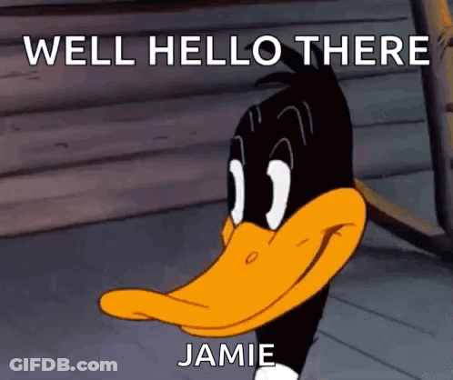 A Cartoon Duck Is Standing In Front Of A Building And Says Well Hello There Jamie . GIF