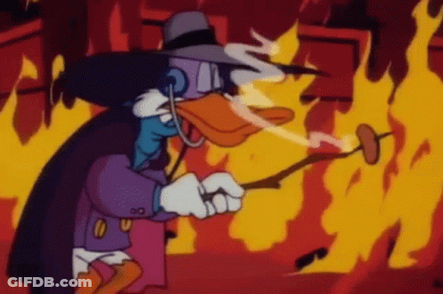 A Cartoon Duck Is Standing In Front Of A Fire Holding A Sausage On A Stick . GIF