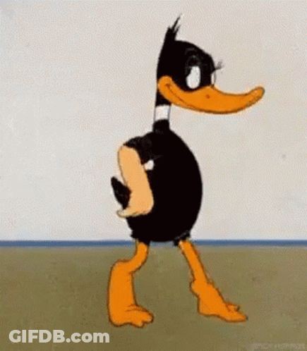 A Cartoon Duck Is Standing In Front Of A Wall Without A Shirt On . GIF