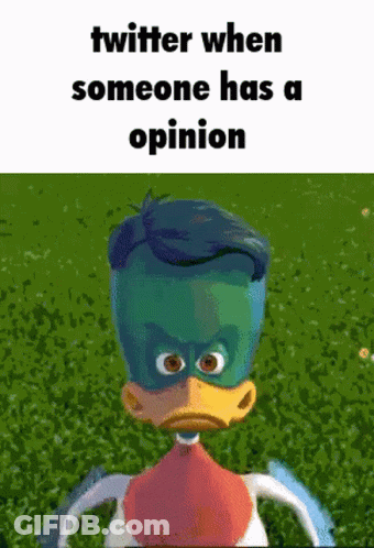 A Cartoon Duck Is Standing In The Grass With The Words Twitter When Someone Has An Opinion GIF