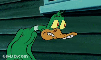 A Cartoon Duck Is Standing Next To A Window With A Surprised Look On His Face . GIF