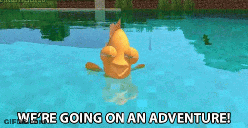 A Cartoon Duck Is Swimming In A Pool With The Words We 'Re Going On An Adventure GIF