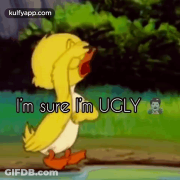 A Cartoon Duck Is Walking Down A Path And Says `` I 'M Sure I 'M Ugly '' GIF