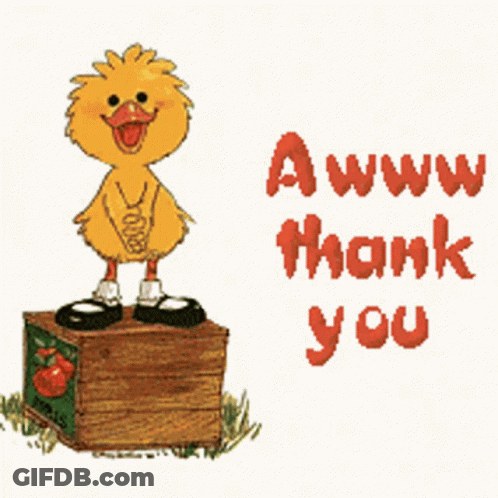 A Cartoon Duck Standing On A Wooden Box With The Words Awww Thank You GIF