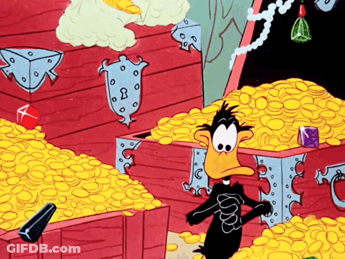 A Cartoon Duck Stands In Front Of A Treasure Chest Filled With Gold Coins GIF