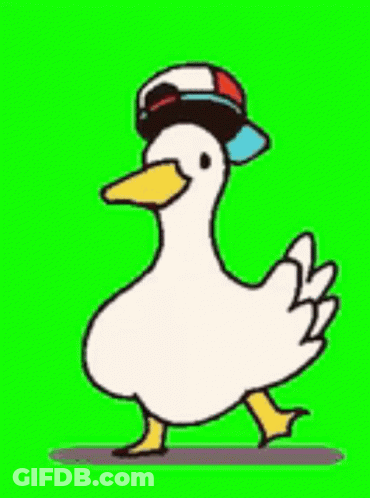 A Cartoon Duck Wearing A Baseball Cap Is Walking On A Green Background . GIF